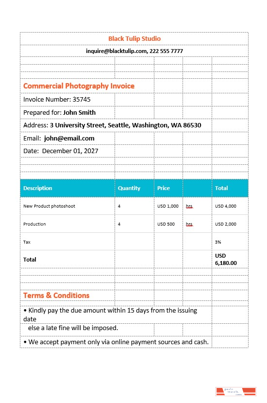 Commercial Photography Invoice Template PSD template